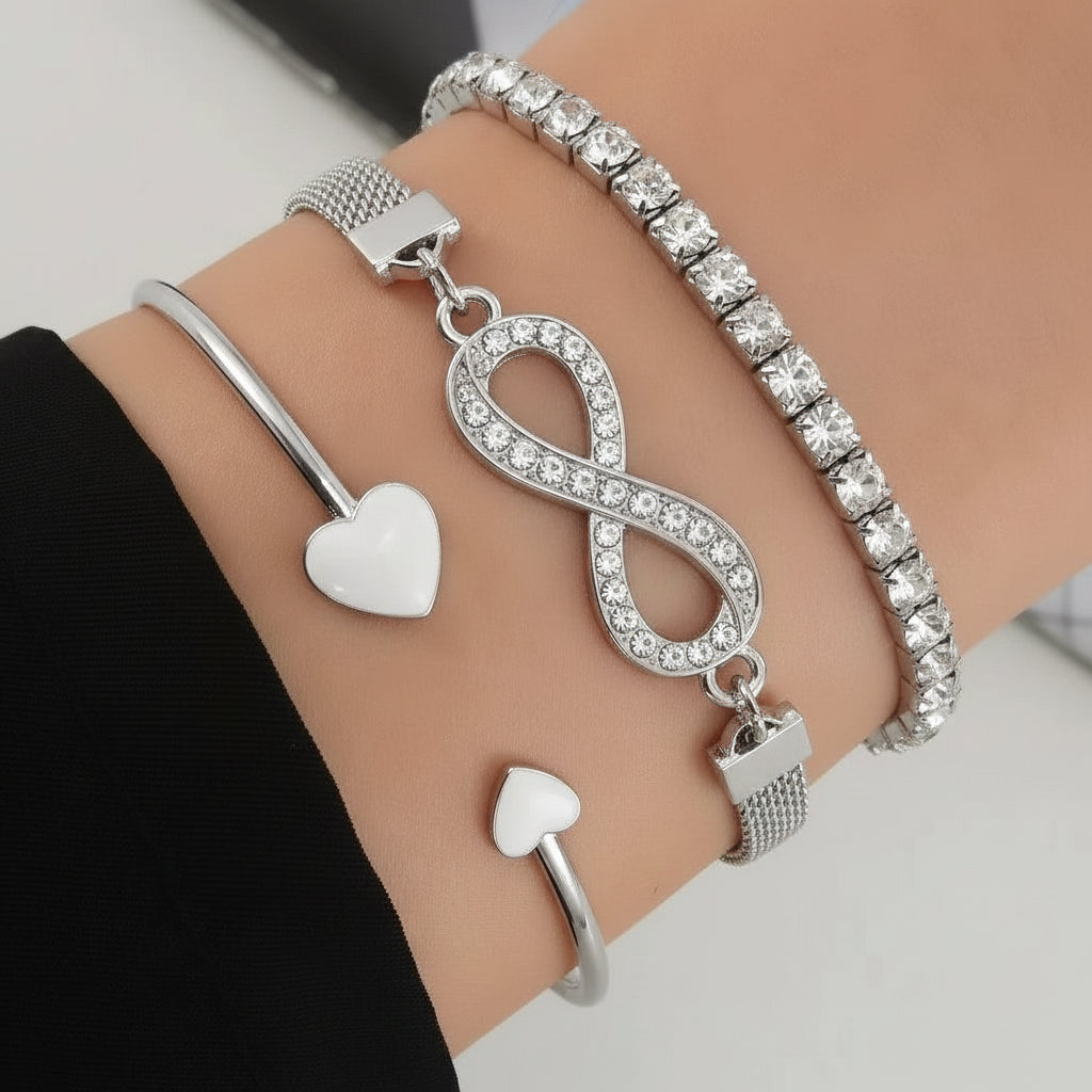 Infinity Hearts Silver Multilayer Bracelet Set – 3 Pcs (Silver Plated)