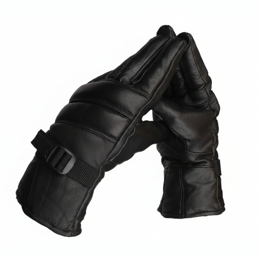 Pair of black insulated gloves with a buckle on a white background