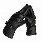 Pair of black insulated gloves with a buckle on a white background