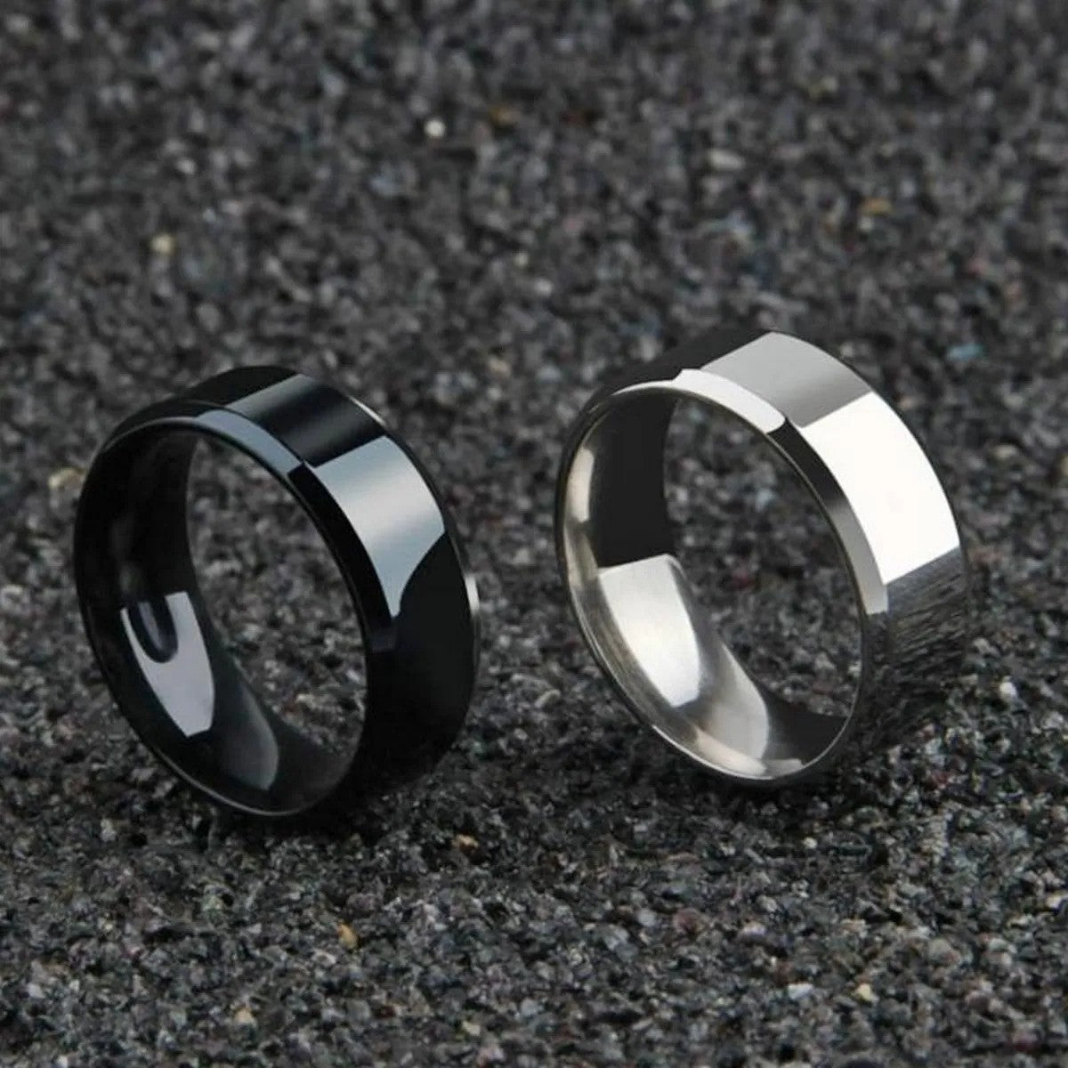 Men’s Titanium Pure Black Heavy Rings Set – Silver & Black (Pack of 2)