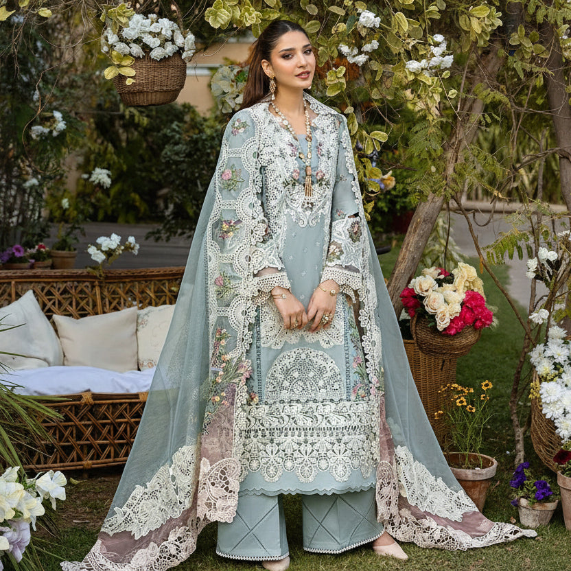 Noor-e-Elaf – Premium Chikankari 3-Piece Unstitched Cotton Organza Suit