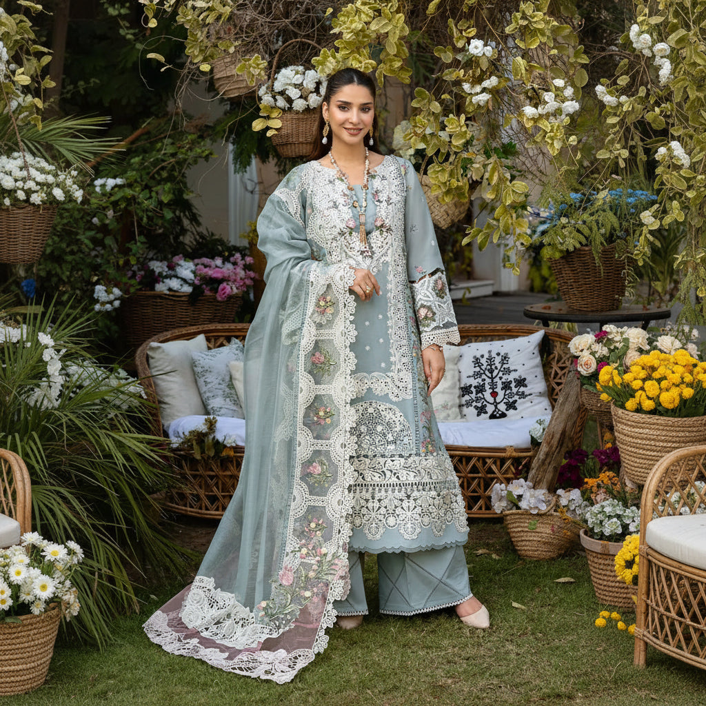 Noor-e-Elaf – Premium Chikankari 3-Piece Unstitched Cotton Organza Suit