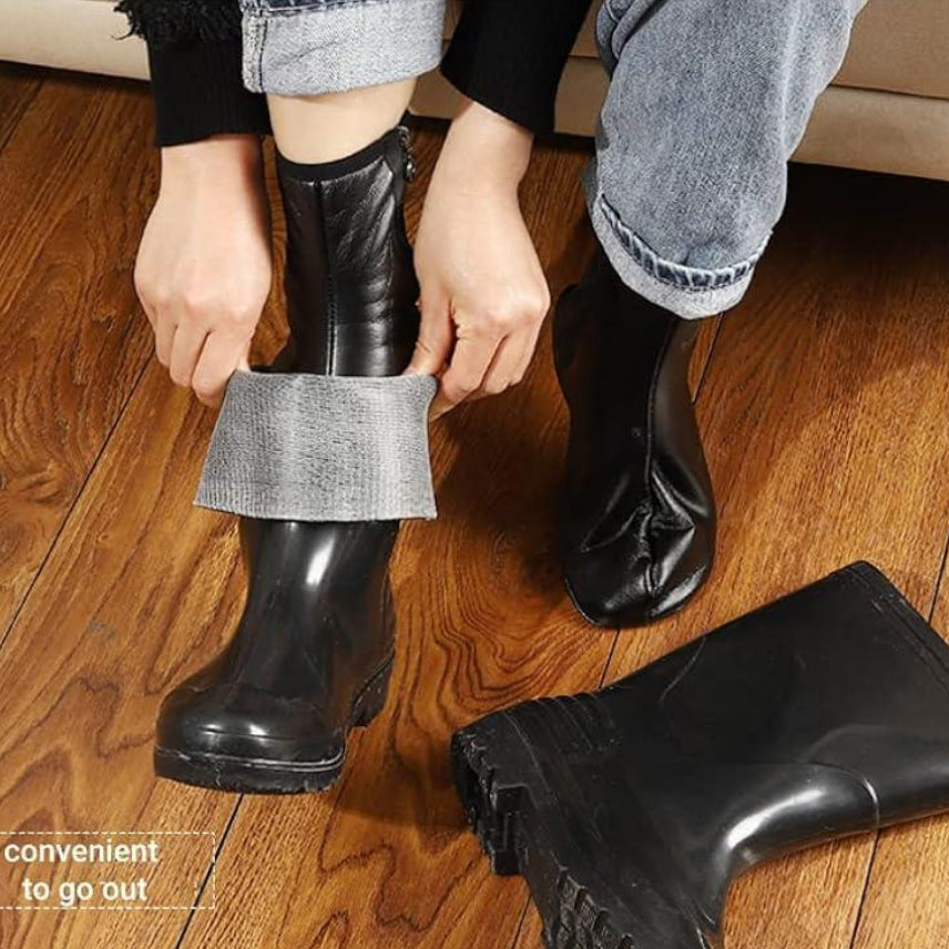 Unisex Black Leather Woolen Thermal Socks Pair (Khuffs) – Warm Fleece Lined with Zip &amp; Velcro