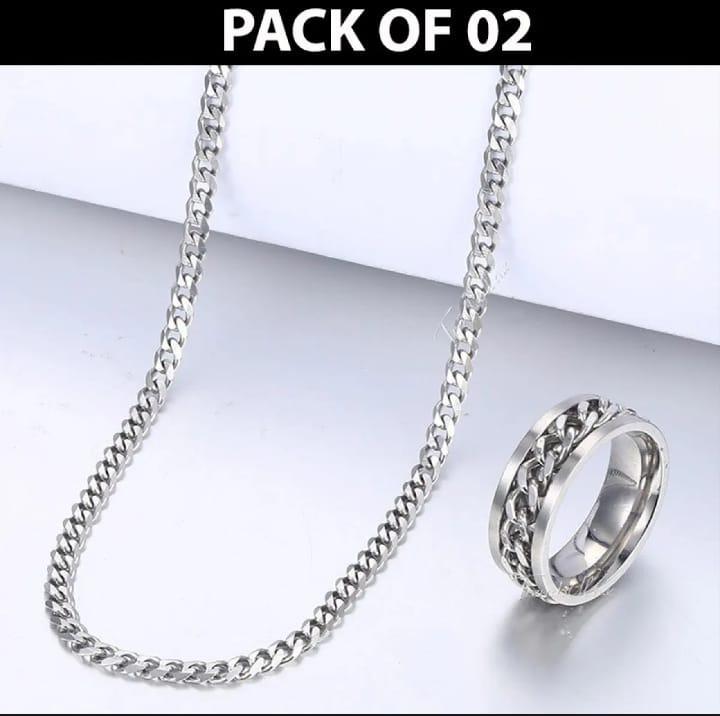Plain Silver Chain With Ring – 2 Pc Set