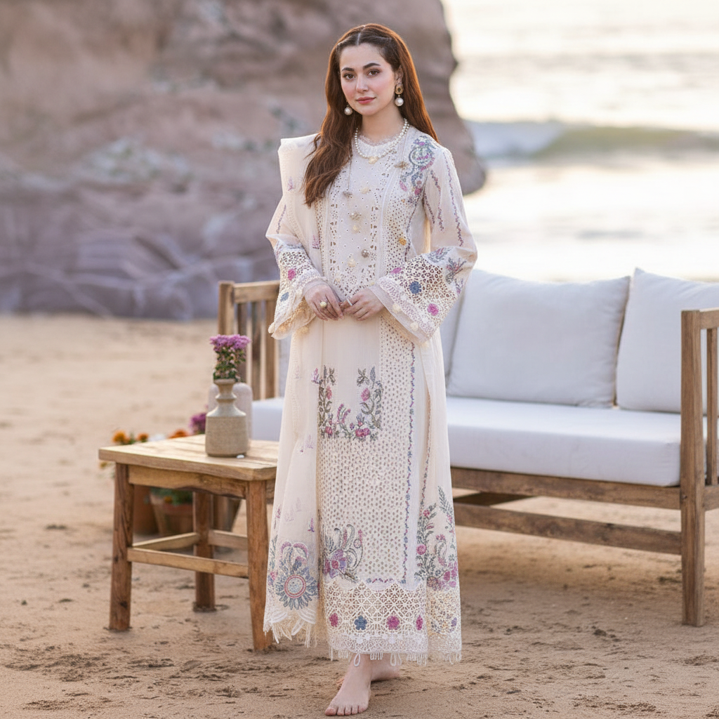 Qalamkar Noor-e-Chikankari – Luxury Lawn Embroidered 3pc Unstitched Suit