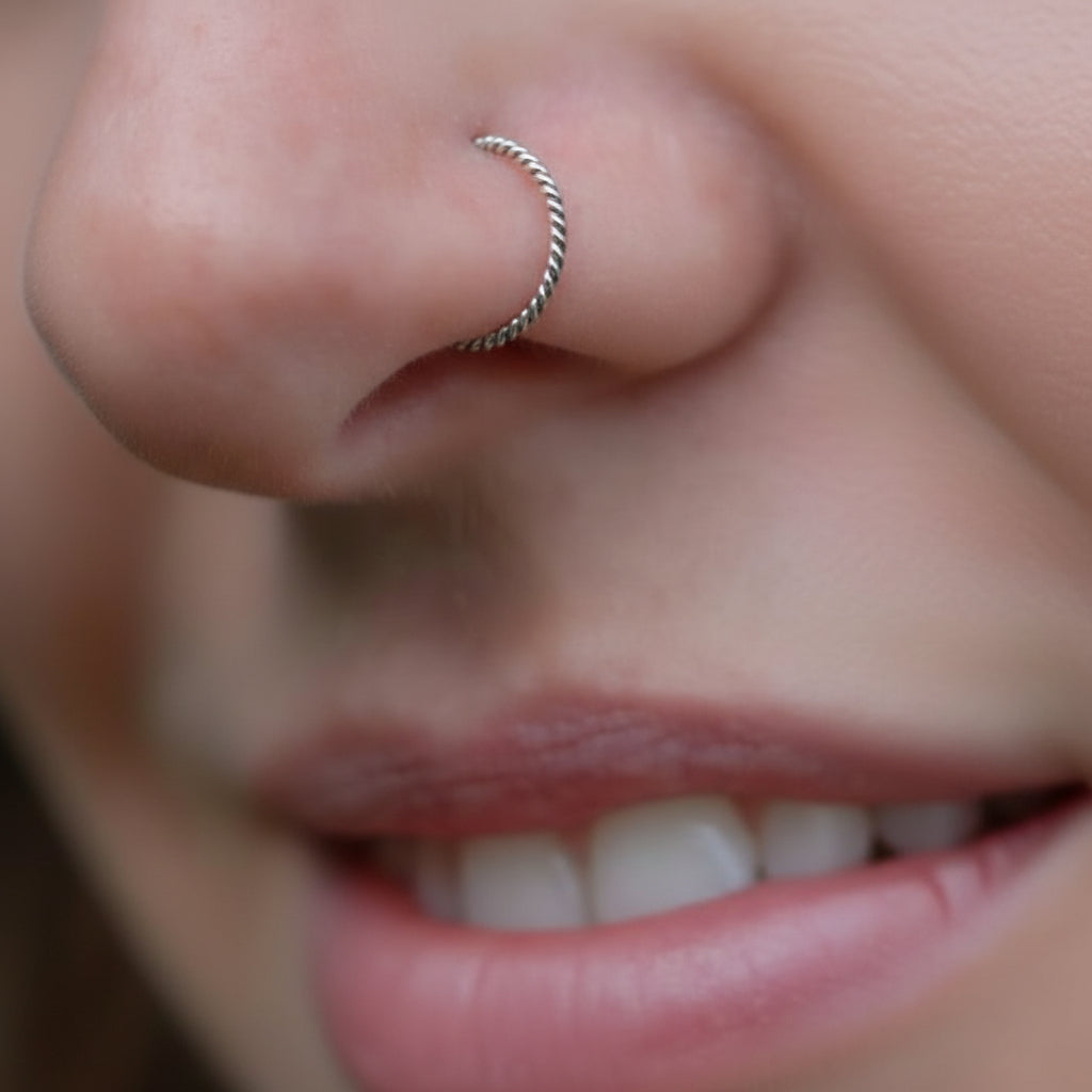 S925 Sterling Silver Twisted Nose Ring - 22K Size Zero Adjustable