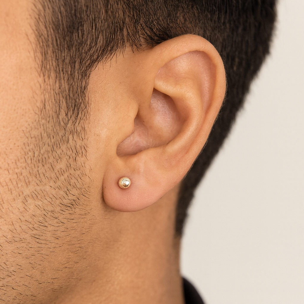 Close-up of an ear with a silver metal stud earring on a neutral background