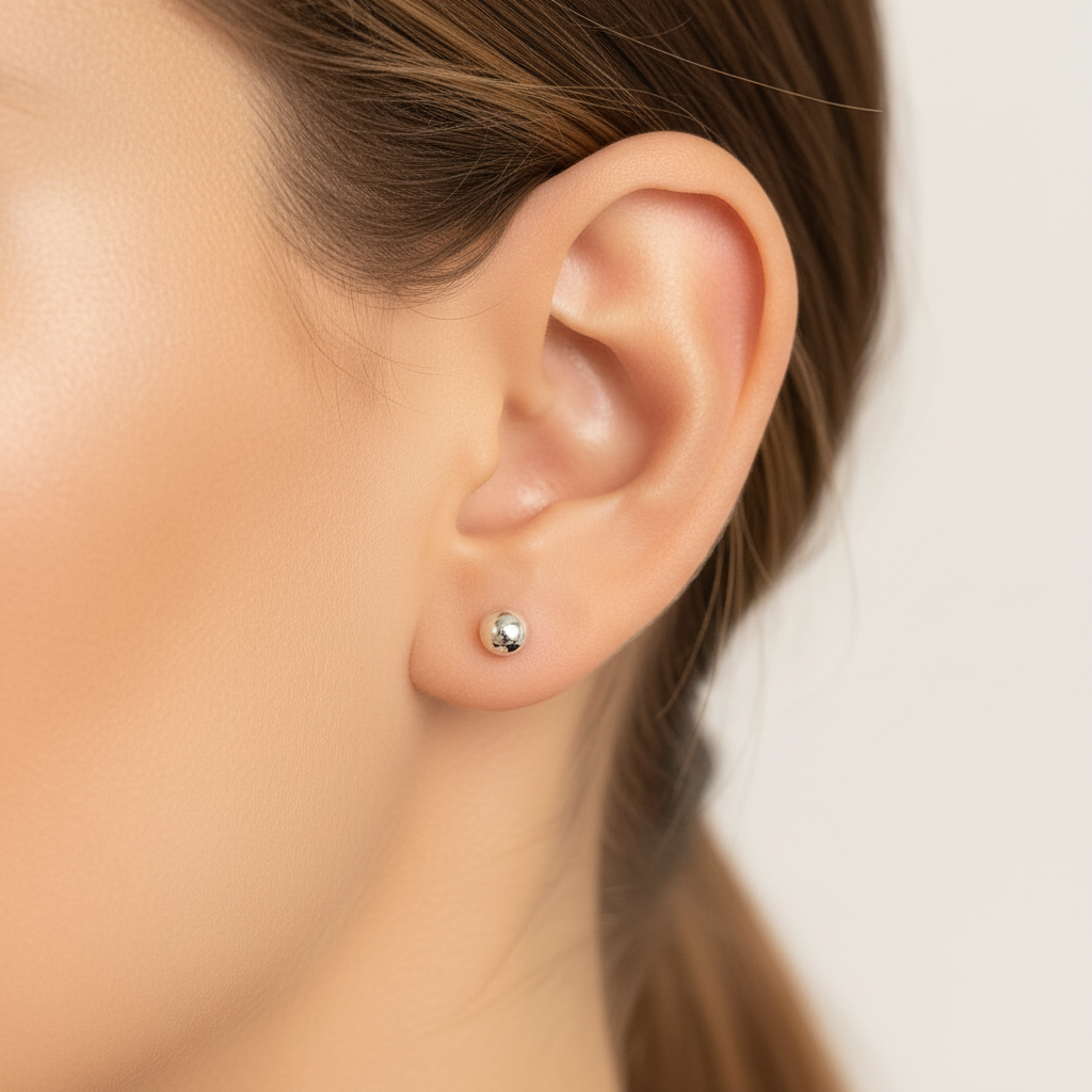 Close-up of an ear wearing a small stud earring with a blurred background