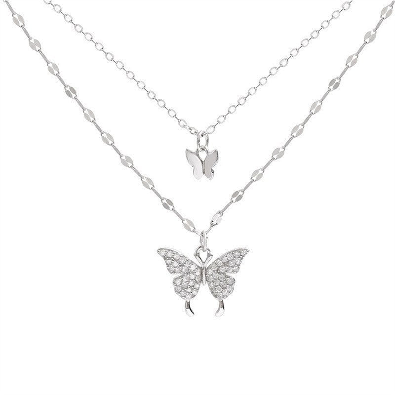 Silver Double-Layer Butterfly Pendant Necklace – Sparkling Twin Charm Design