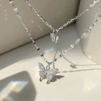 Silver Double-Layer Butterfly Pendant Necklace – Sparkling Twin Charm Design