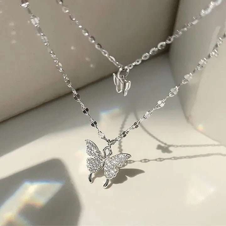 Silver Double-Layer Butterfly Pendant Necklace – Sparkling Twin Charm Design