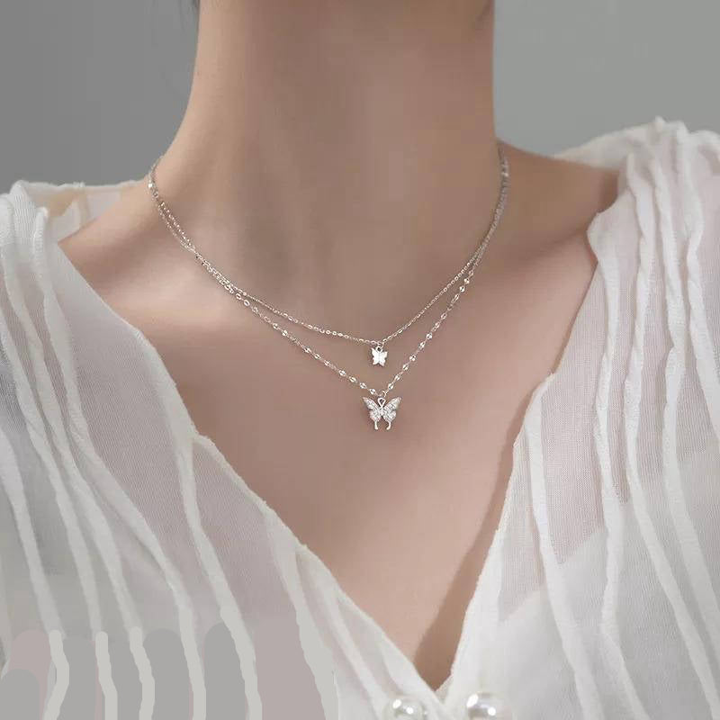 Silver Double-Layer Butterfly Pendant Necklace – Sparkling Twin Charm Design
