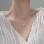 Silver Double-Layer Butterfly Pendant Necklace – Sparkling Twin Charm Design