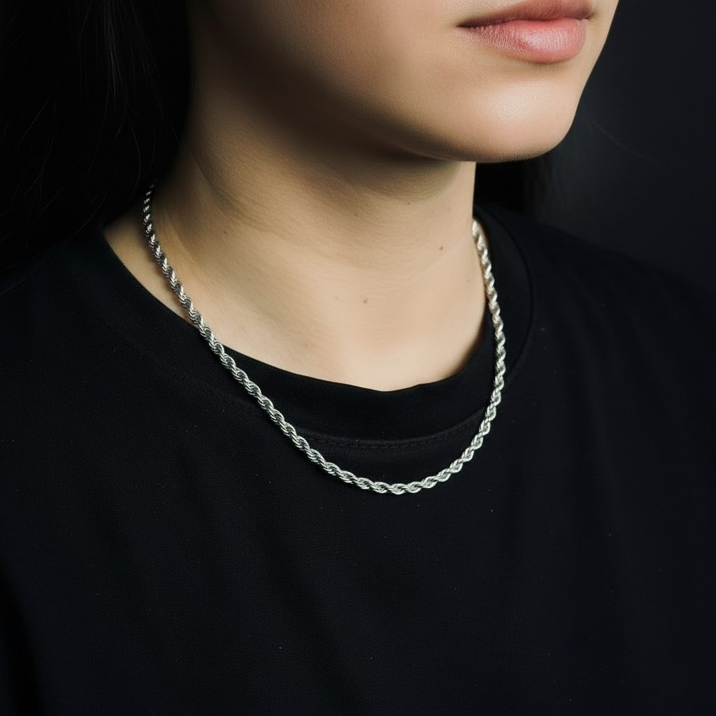 Person wearing a silver chain necklace against a black background