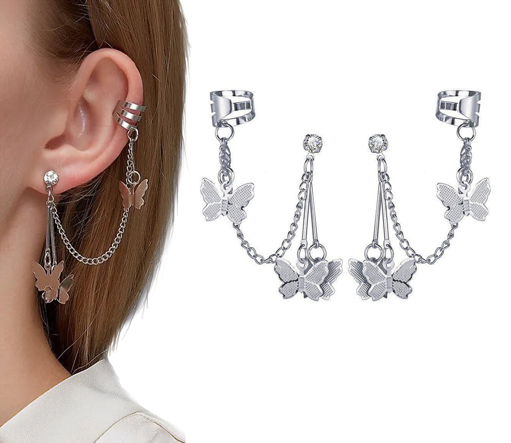 Silver Plated Butterfly Chain Ear Cuff Earrings Pair