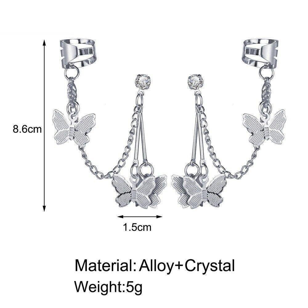 Silver Plated Butterfly Chain Ear Cuff Earrings Pair