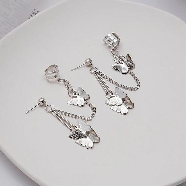 Silver Plated Butterfly Chain Ear Cuff Earrings Pair