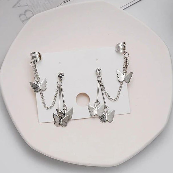 Silver Plated Butterfly Chain Ear Cuff Earrings Pair