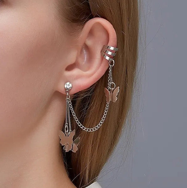 Silver Plated Butterfly Chain Ear Cuff Earrings Pair