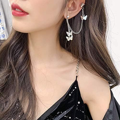 Silver Plated Butterfly Chain Ear Cuff Earrings Pair