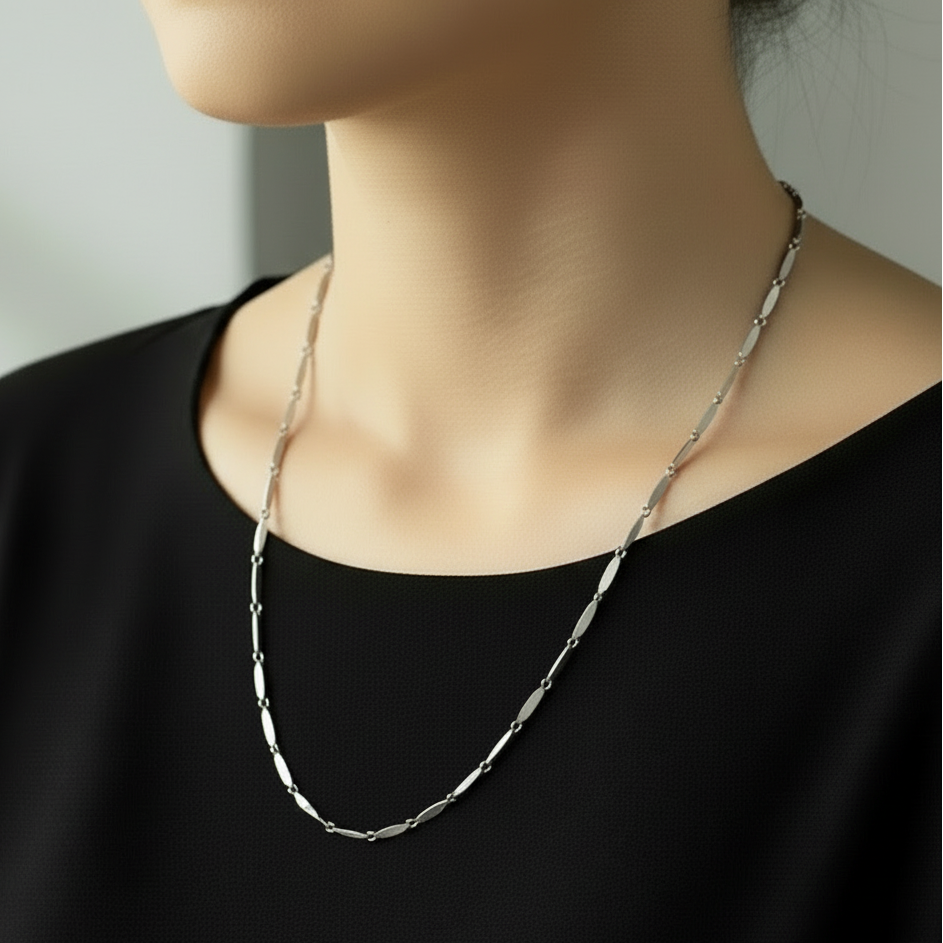 Silver Rice Link Chain Necklace – 3mm thick, 25 Inch Long Stainless Steel