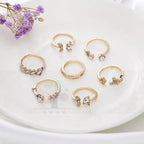 Vintage Crystal Butterfly & Flower Ring Set – 7 Pcs (Adjustable)