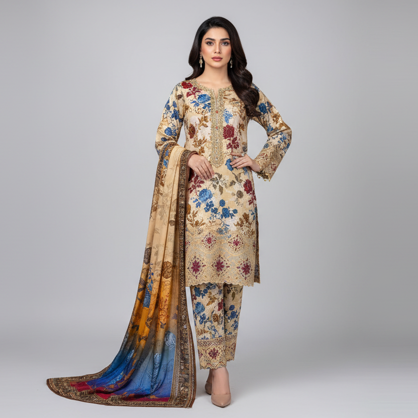 Dusky Roses Lawn 3PC Unstitched Suit – Summer Festive Collection