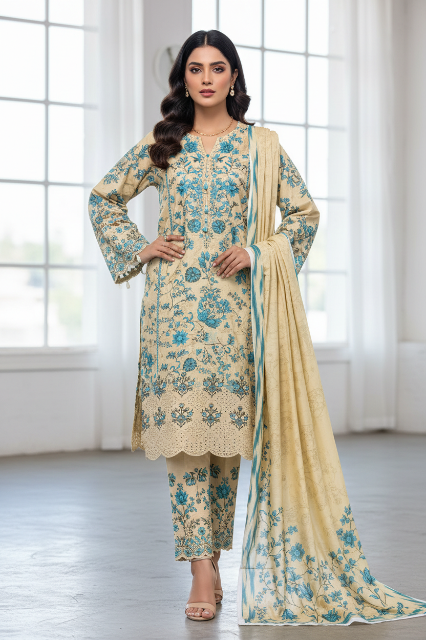 Ivory Bliss Lawn 3PC Unstitched Suit – Summer Festive Collection