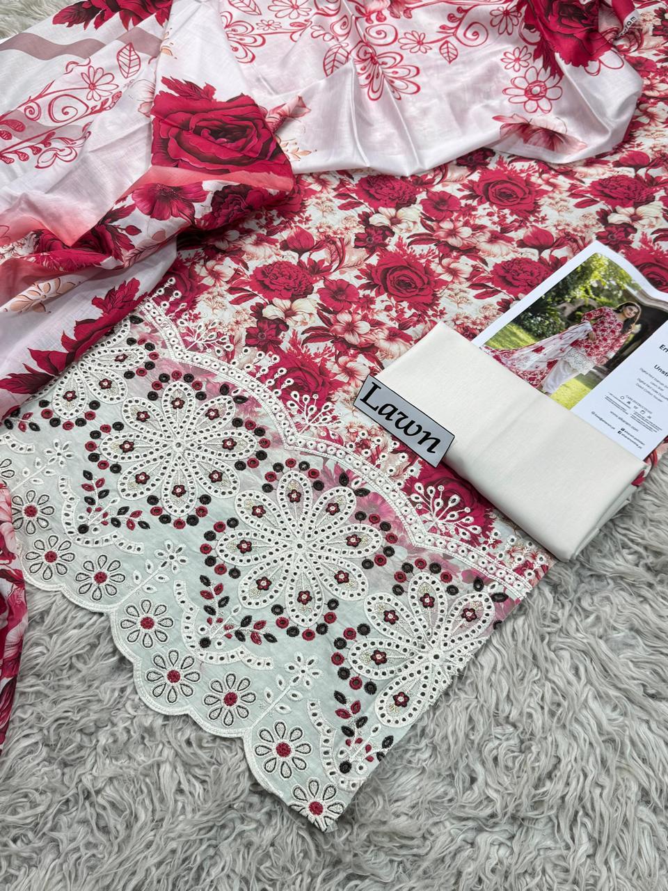 Crimson Roses Lawn 3PC Unstitched Suit – Summer Festive Collection