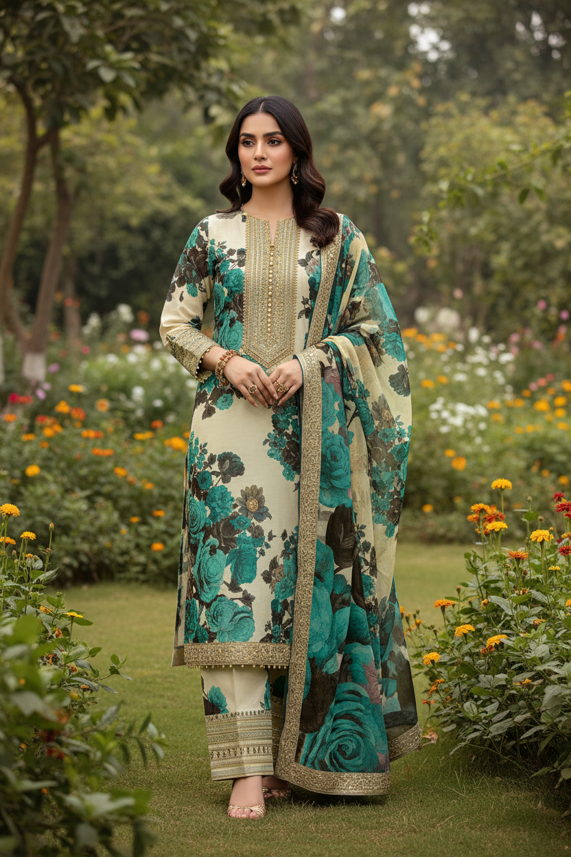 Teal Rose Premium Lawn 3PC Unstitched Suit – Summer Collection