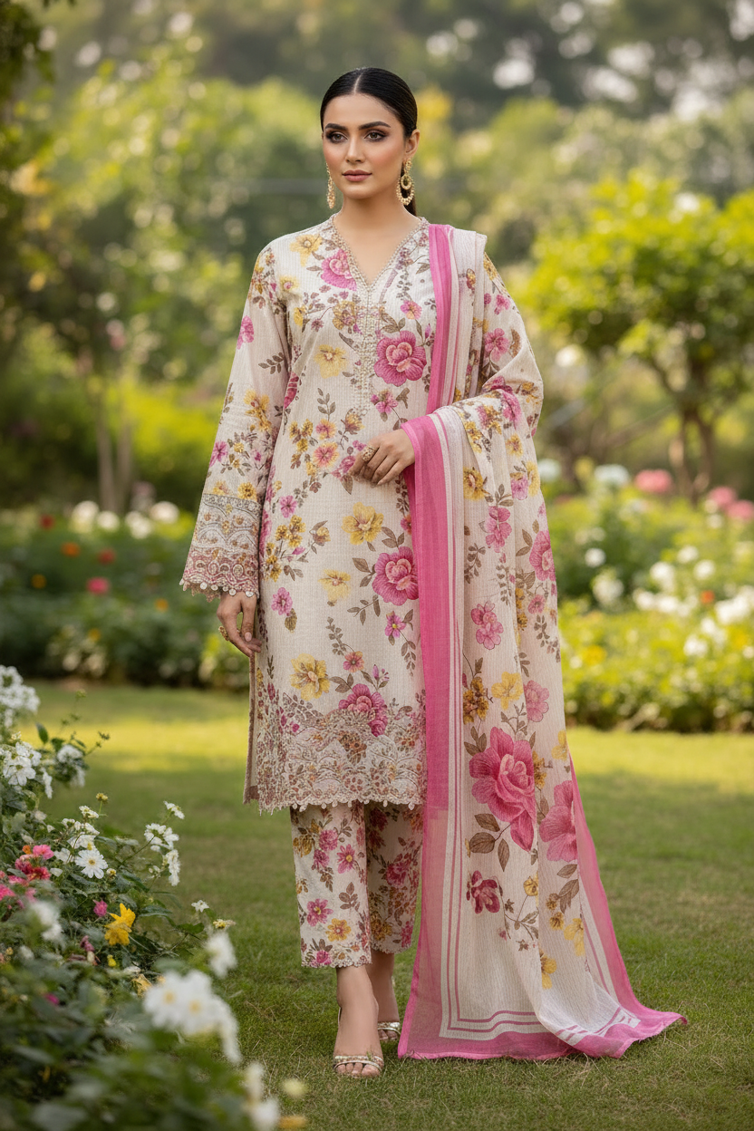 Rose Garden Premium Lawn 3PC Unstitched Suit – Summer Collection