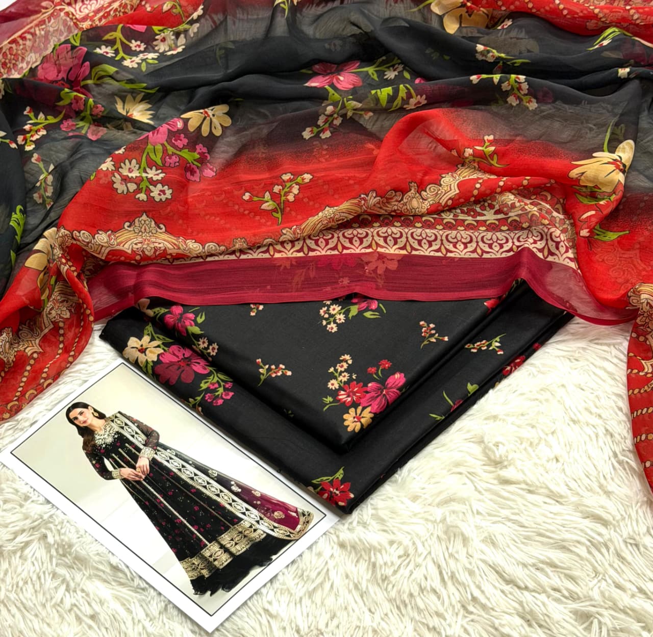 Red Night Premium Lawn 3PC Unstitched Suit – Summer Collection