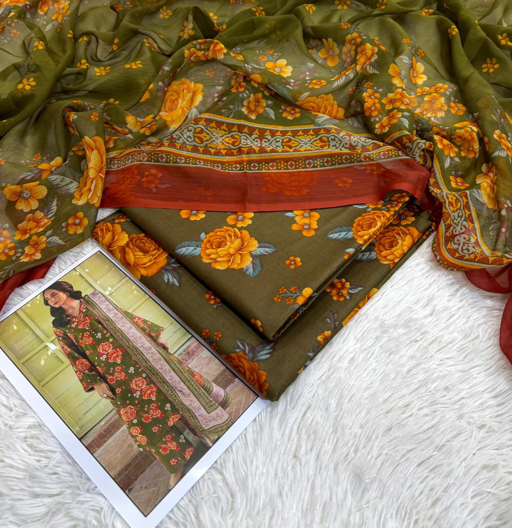 Orange Rose Premium Lawn 3PC Unstitched Suit – Summer Collection