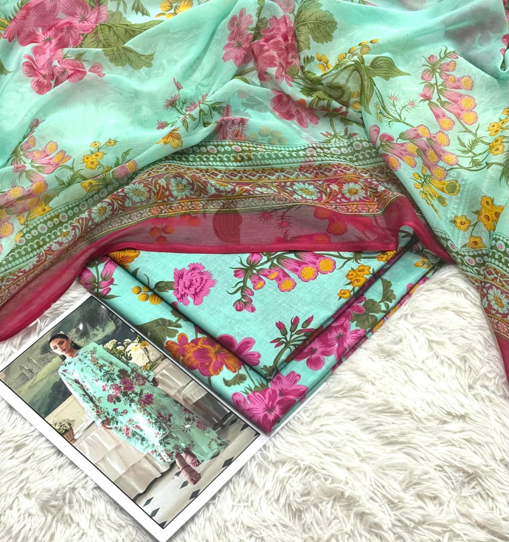 Evergreen Bloom Premium Lawn 3PC Unstitched Suit – Summer Collection