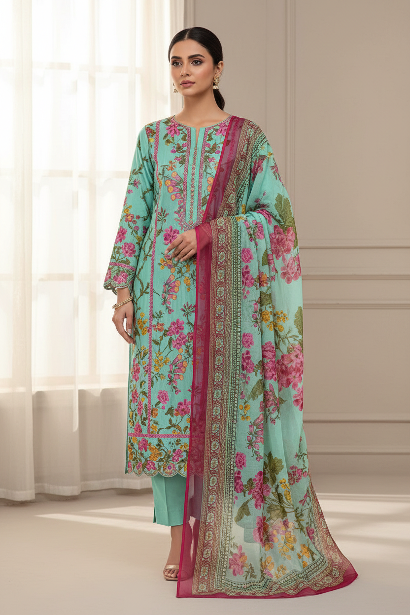 Evergreen Bloom Premium Lawn 3PC Unstitched Suit – Summer Collection