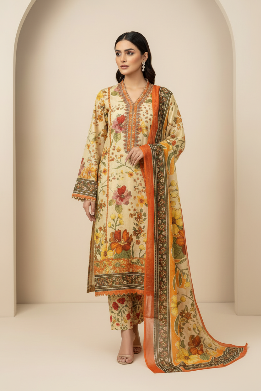 Sunshine Bloom Premium Lawn 3PC Unstitched Suit – Summer Collection