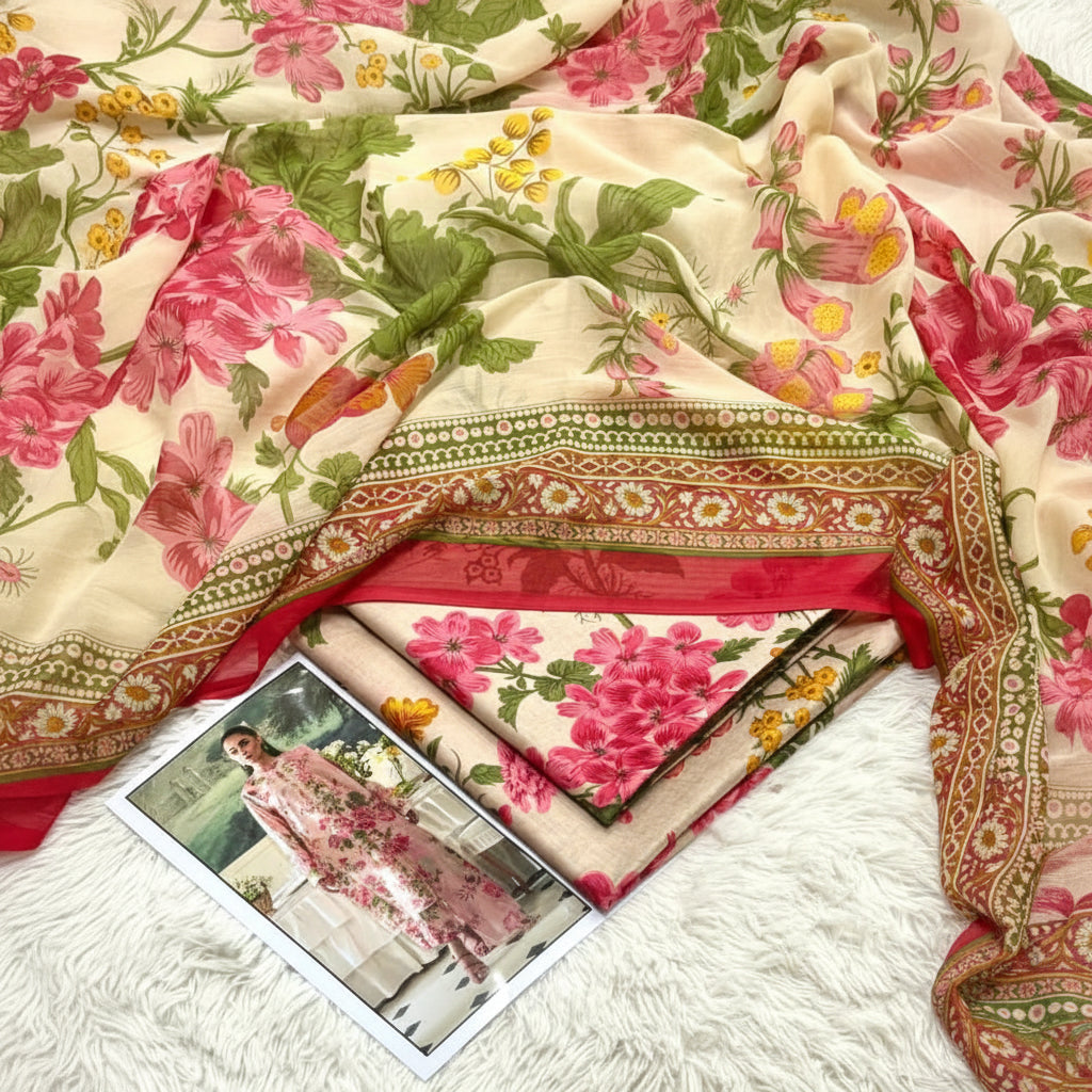 Dawning Bloom Premium Lawn 3PC Unstitched Suit – Summer Collection