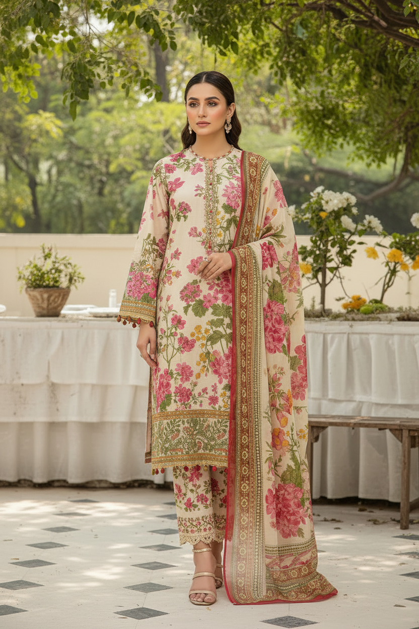 Dawning Bloom Premium Lawn 3PC Unstitched Suit – Summer Collection