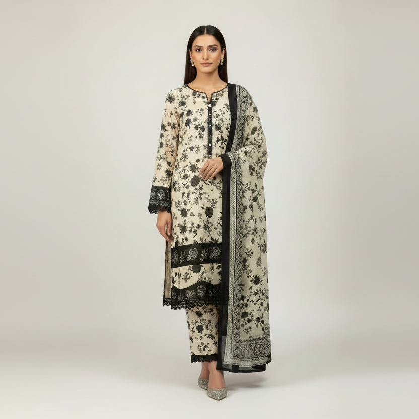 Black Daisies Premium Lawn 3PC Unstitched Suit – Summer Collection