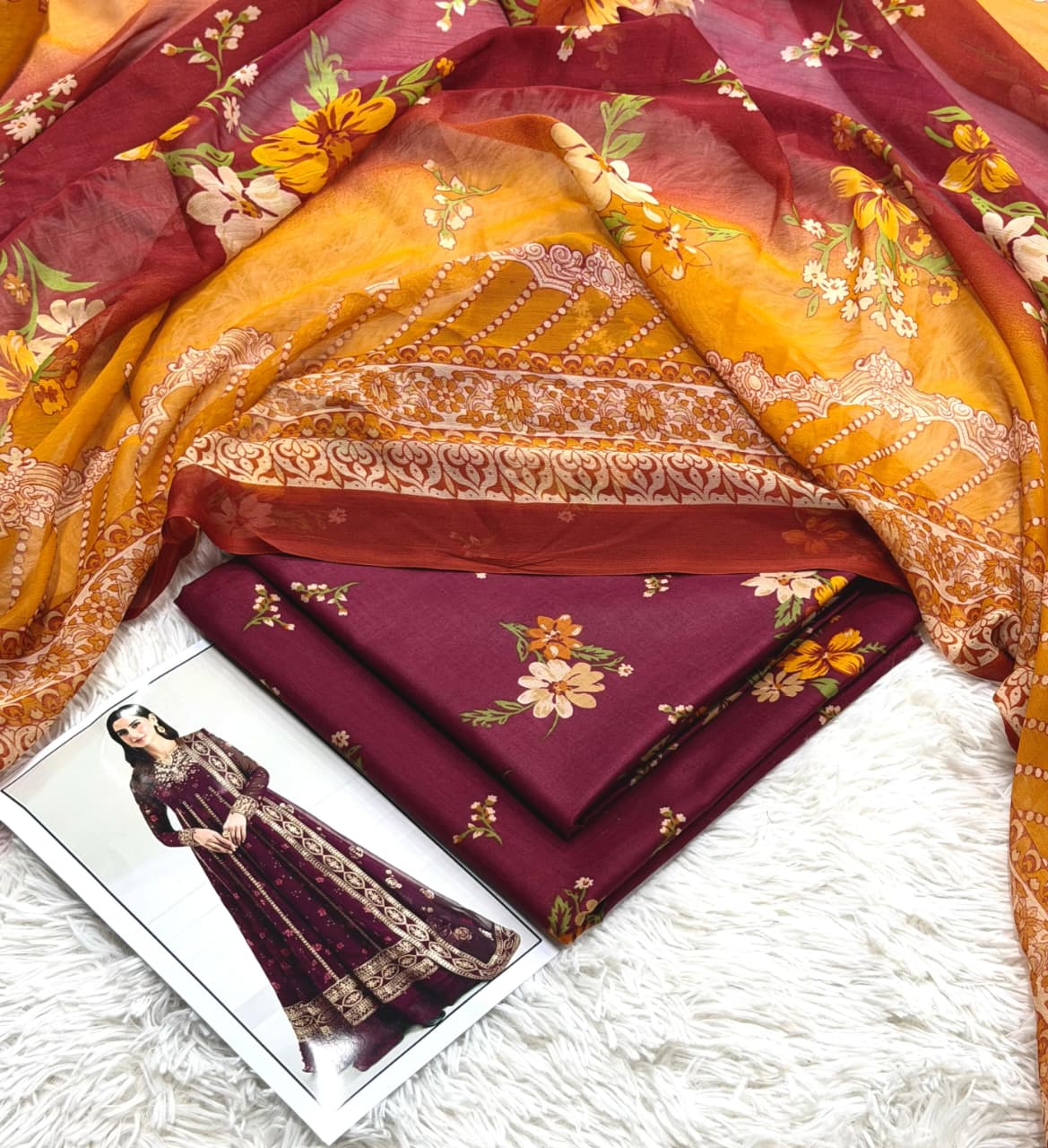 Maroon Premium Lawn 3PC Unstitched Suit – Summer Collection