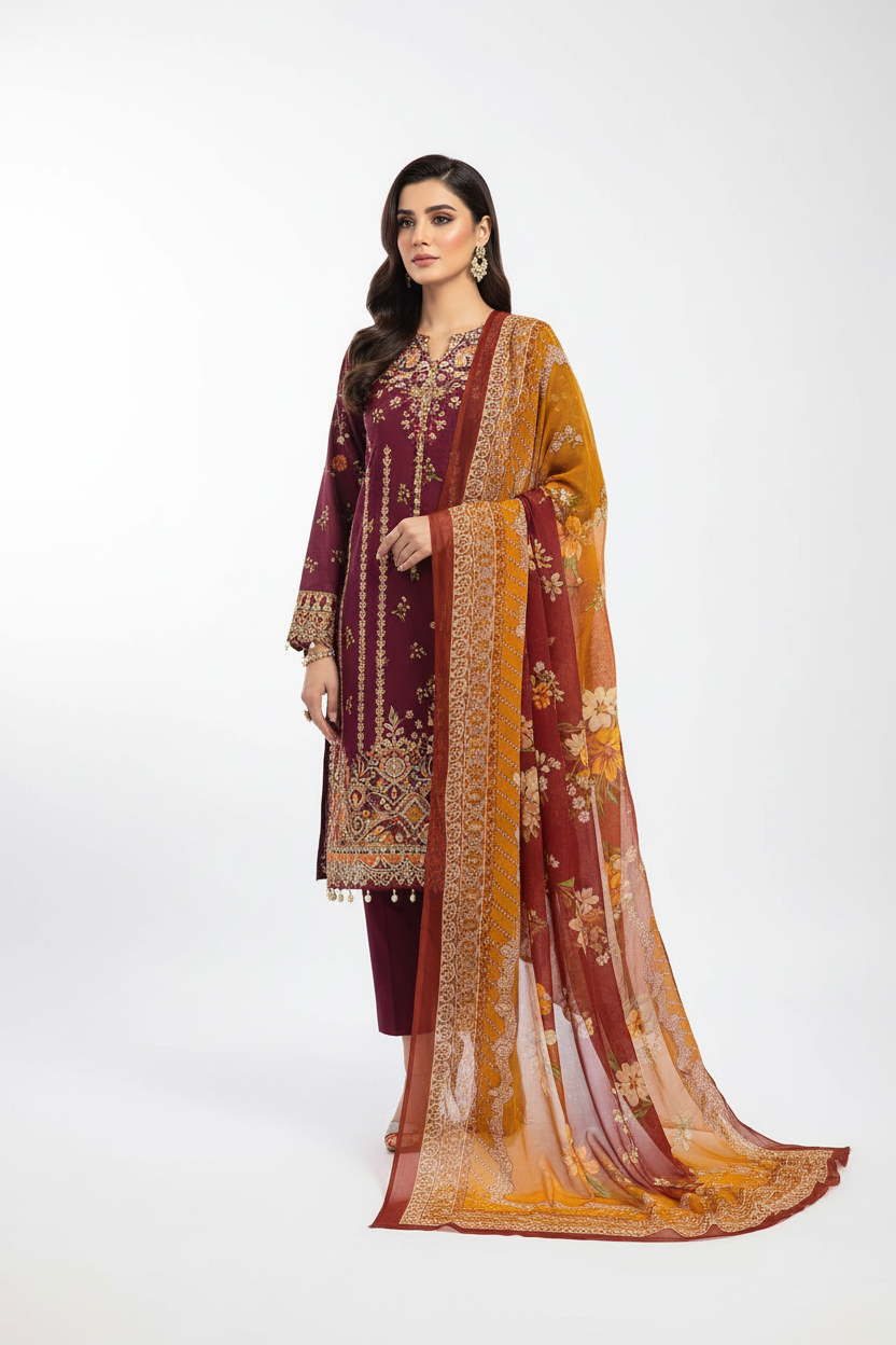 Maroon Premium Lawn 3PC Unstitched Suit – Summer Collection