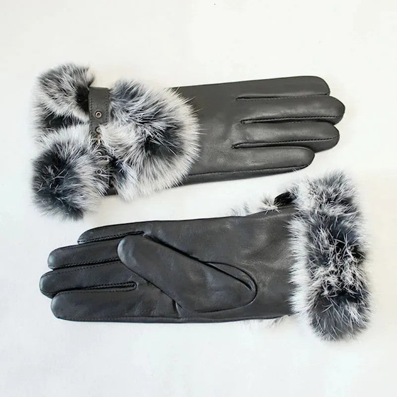 Women Black Leather Faux Rabbit Fur Winter Gloves – Elegant Warm Hand Gloves (Pair)