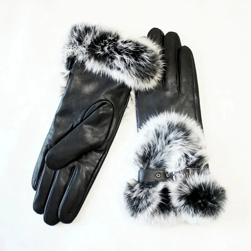Women Black Leather Faux Rabbit Fur Winter Gloves – Elegant Warm Hand Gloves (Pair)