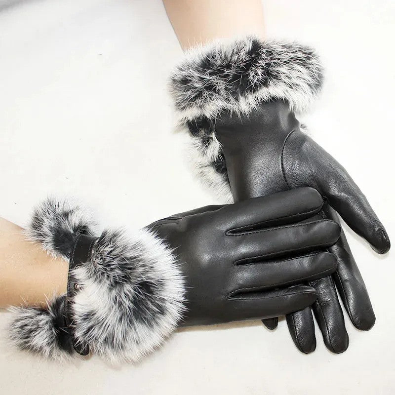 Women Black Leather Faux Rabbit Fur Winter Gloves – Elegant Warm Hand Gloves (Pair)