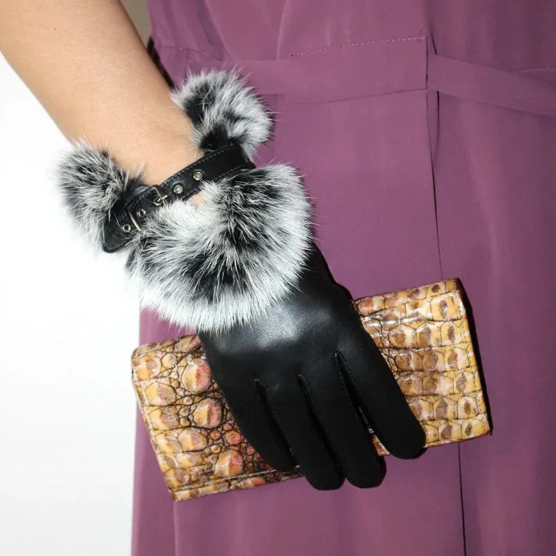 Women Black Leather Faux Rabbit Fur Winter Gloves – Elegant Warm Hand Gloves (Pair)