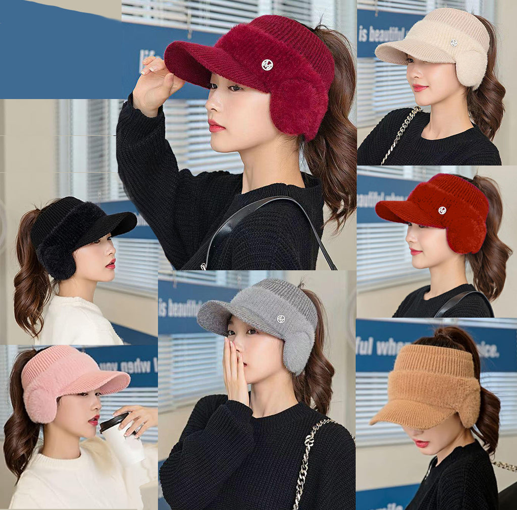 Women's Korean Style Fashion Ear Guard Knit Cap – Thick Warm Windproof Ear Protection Hat