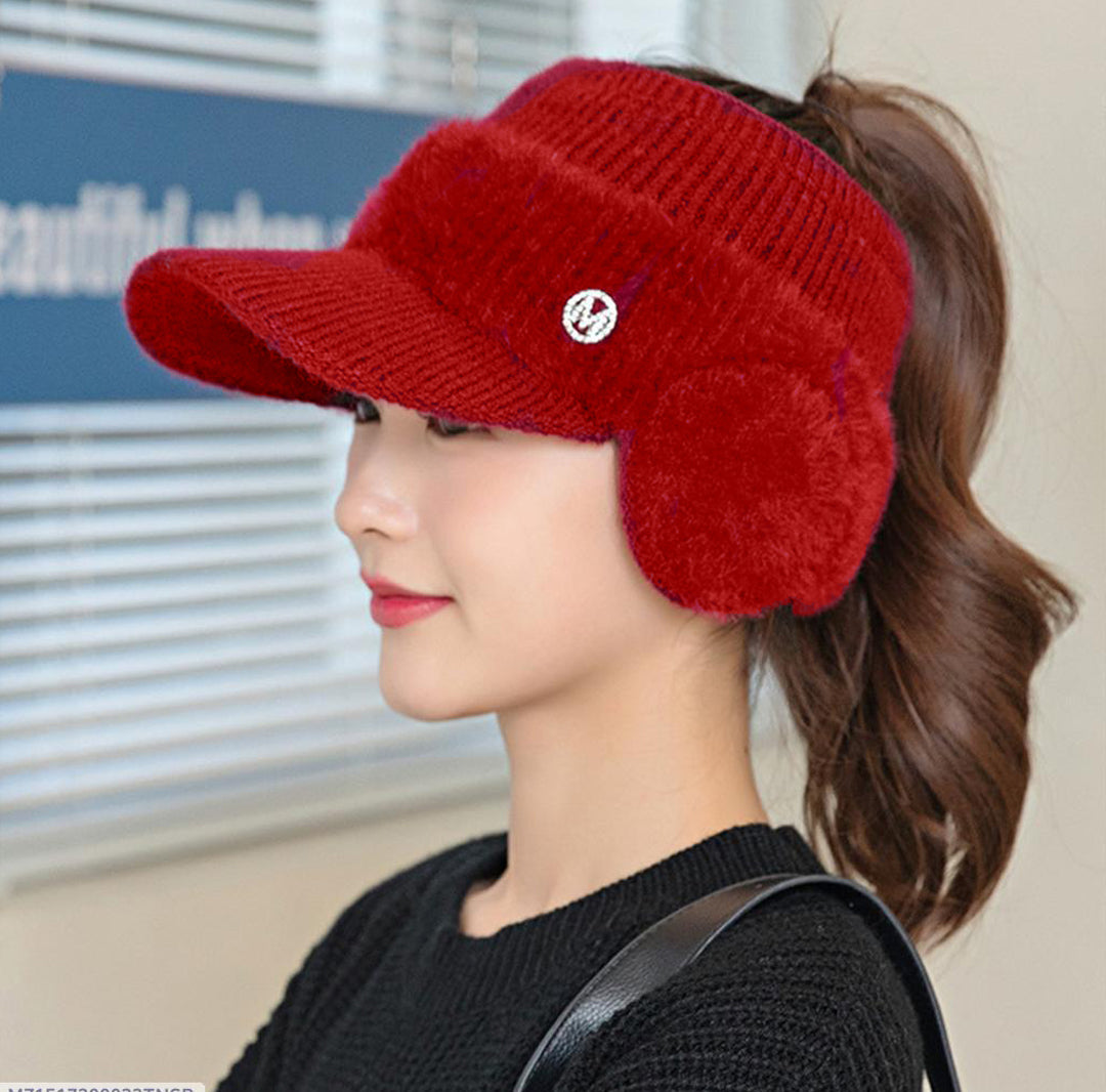 Women's Korean Style Fashion Ear Guard Knit Cap – Thick Warm Windproof Ear Protection Hat