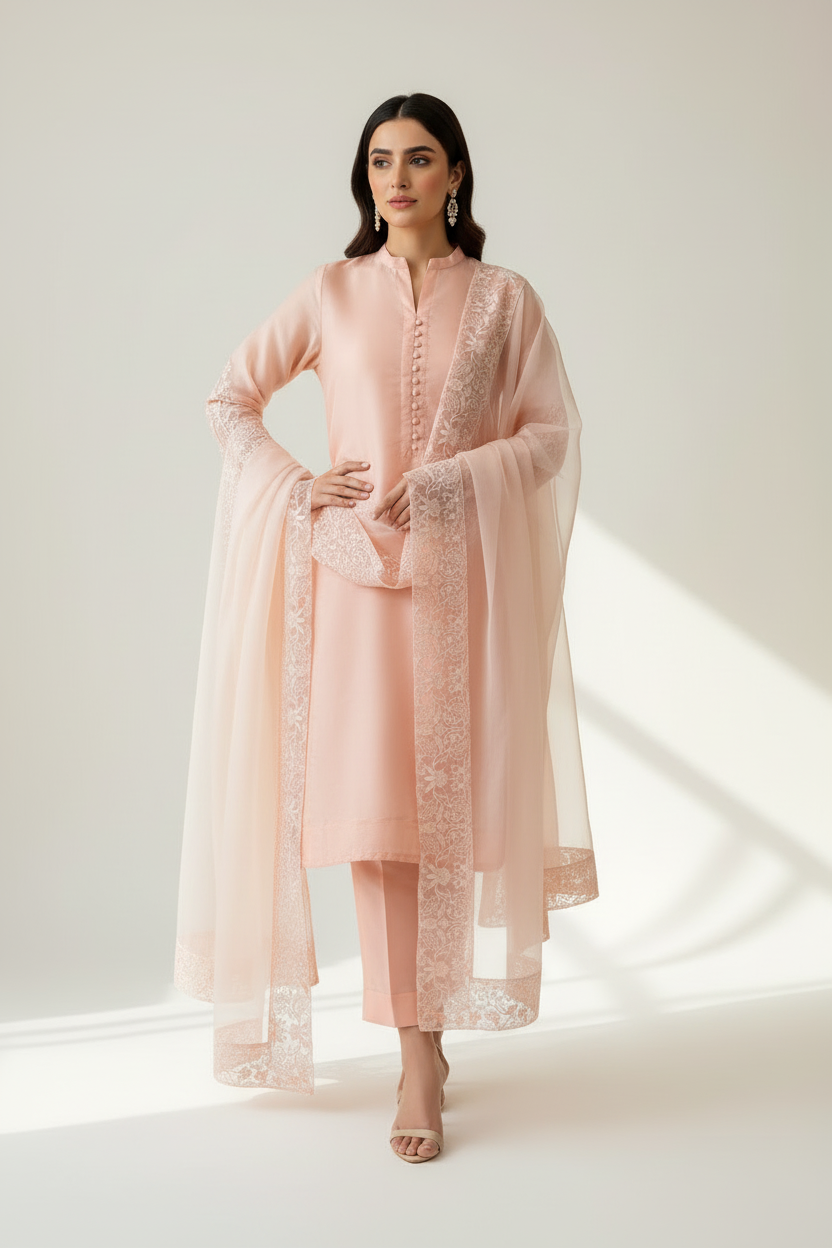 3 Pcs Zarmina Women’s Organza Embroidered Stitched Suit with Border Dupatta