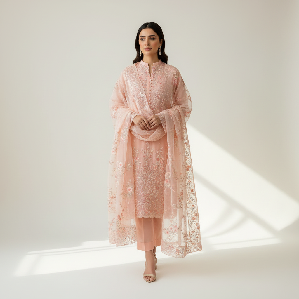 3 Pcs Zarmina Women’s Organza Embroidered Stitched Suit with Border Dupatta