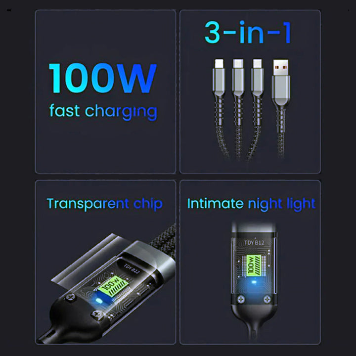 Gamen 3-in-1 100W Fast Charging Cable – USB A to Type-C / Lightning / Micro USB